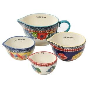 Pioneer Woman Dazzling Dahlias Measuring Cups Nesting Stoneware Floral 4-Pc NEW